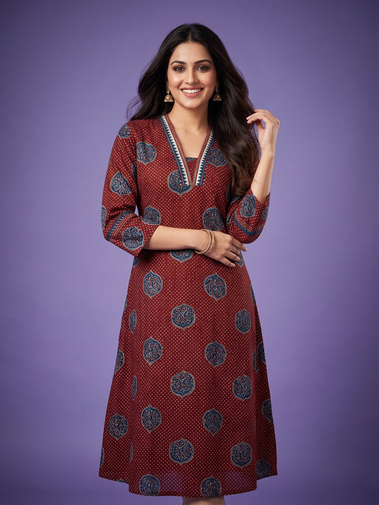 Red V Neck Cotton Kurta