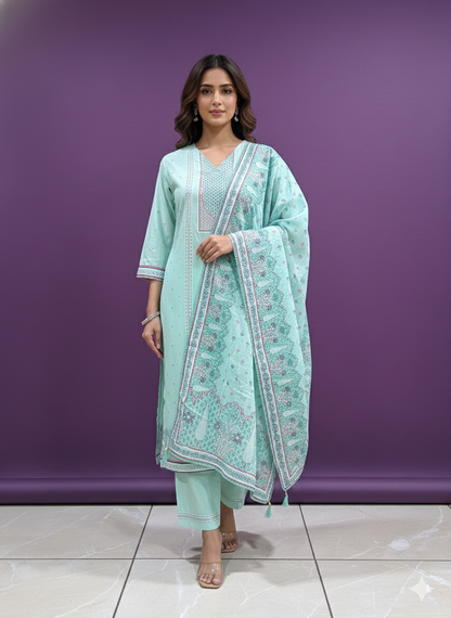 Green V Neck Cotton Kurta Set with Dupatta
