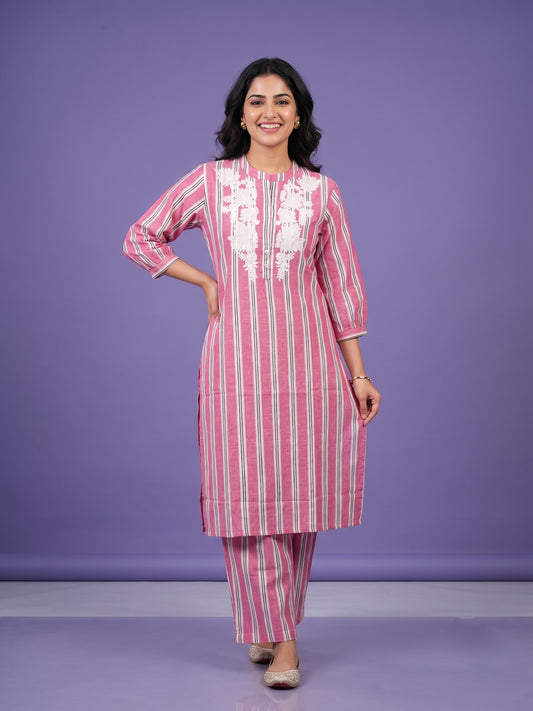 Pink Lavender Mandarin Neck Cotton Cord Set