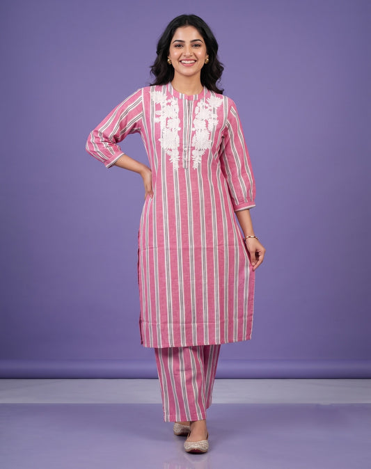 Woven Striped Cord Set With White Work - 100% Cotton