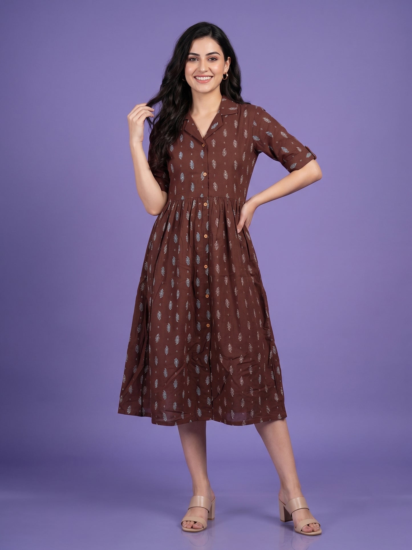 One Pcs Dress with Double Collar & Elbow Sleeve