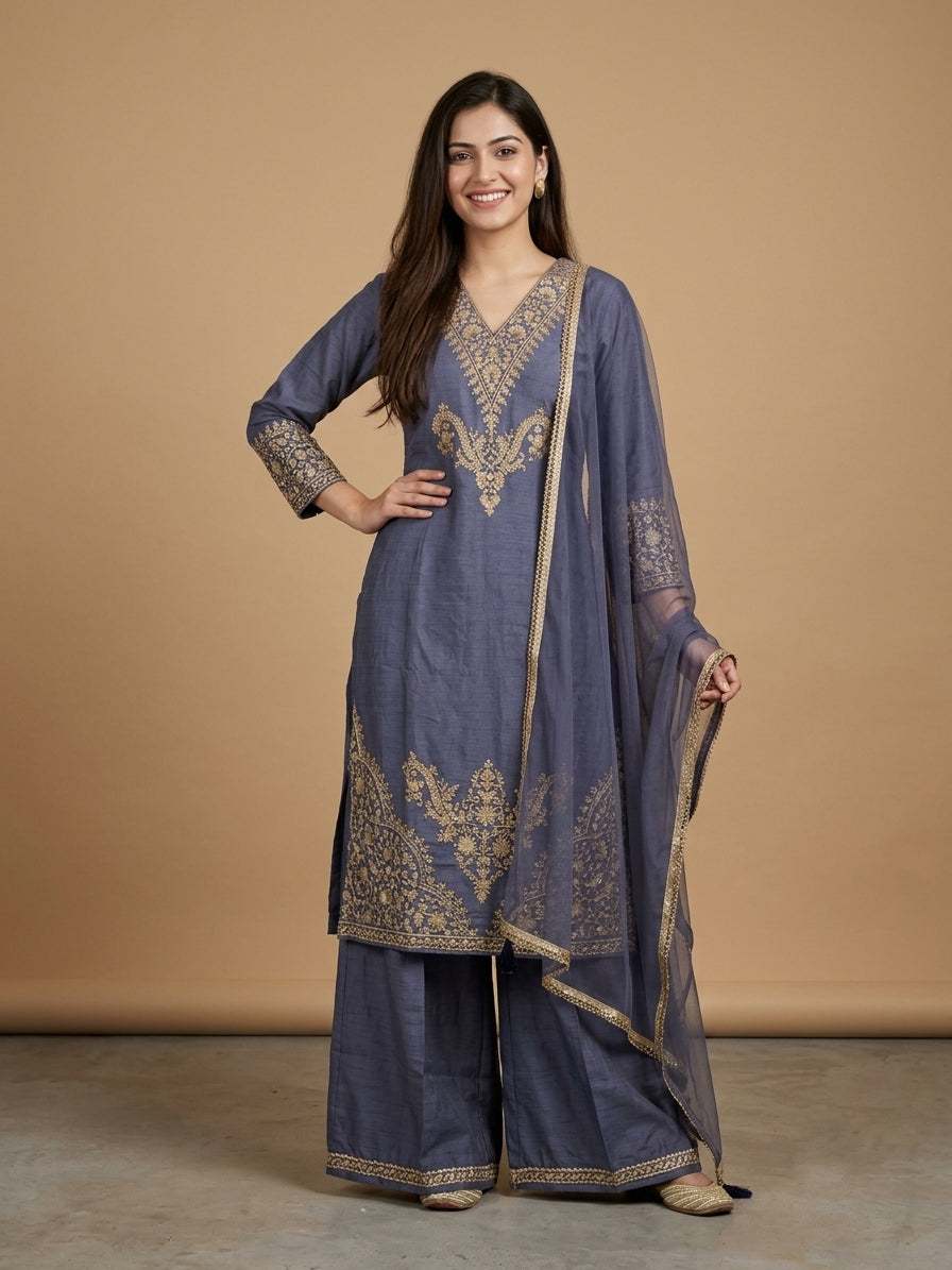Slub Silk Straight Suit Set with Embroidered Dupatta