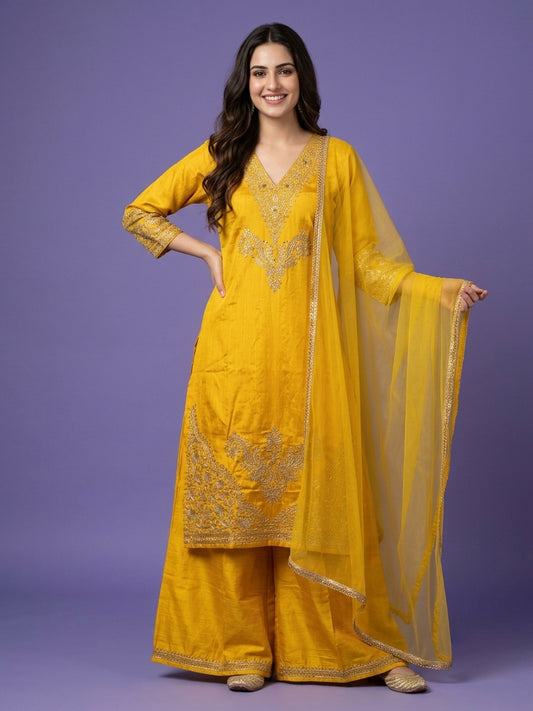 Slub Silk Straight Suit Set with Embroidered Dupatta
