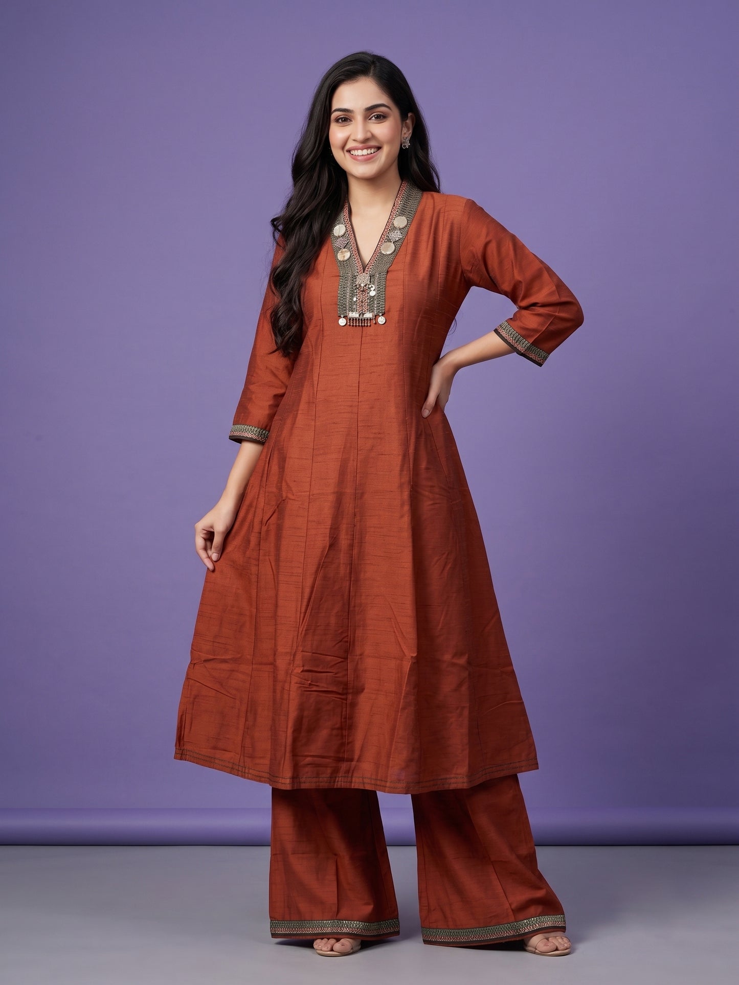 Brown High V Neck Slik Kurta Set