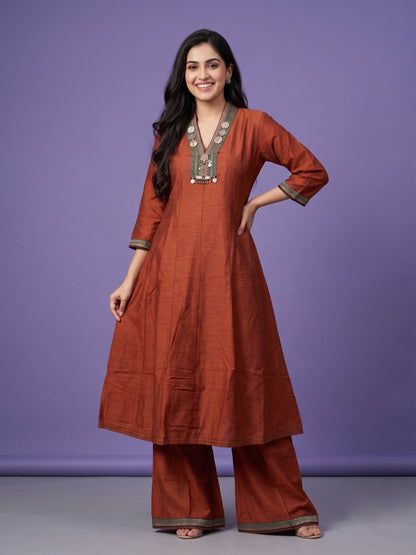 Brown High V Neck Slik Kurta Set
