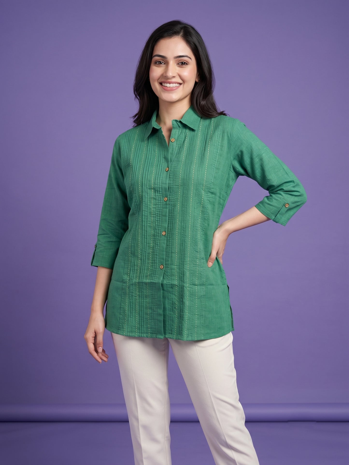 100% Cotton Pintuck Straight Tunics with Shirt Collar