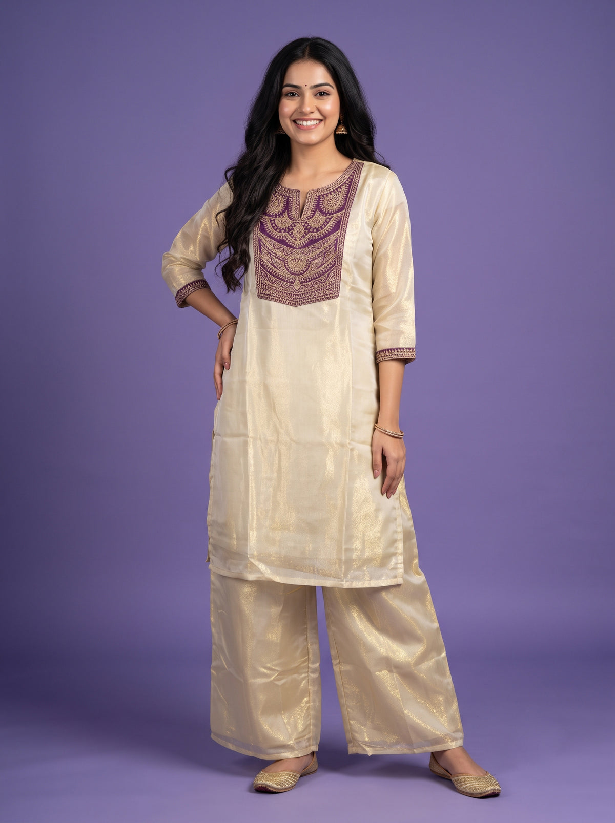Gold-Toned Zari Woven Design Straight Kurta with Palazzos