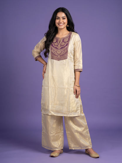 Gold-Toned Zari Woven Design Straight Kurta with Palazzos