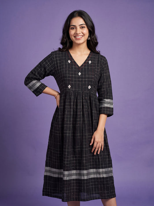 Cotton Black Checkered Printed A-Line Midi Dress