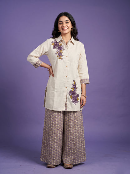 Embroidery Shirt Tunic Set with Printed Palazzo - Cotton Linen