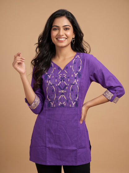 Lavender Round V Neck Cotton Short Kurta