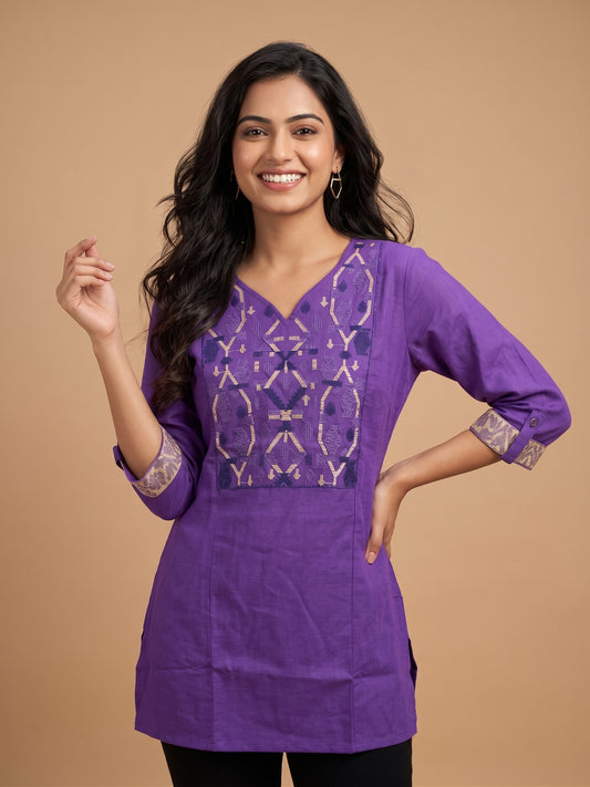 Lavender Round V Neck Cotton Short Kurta