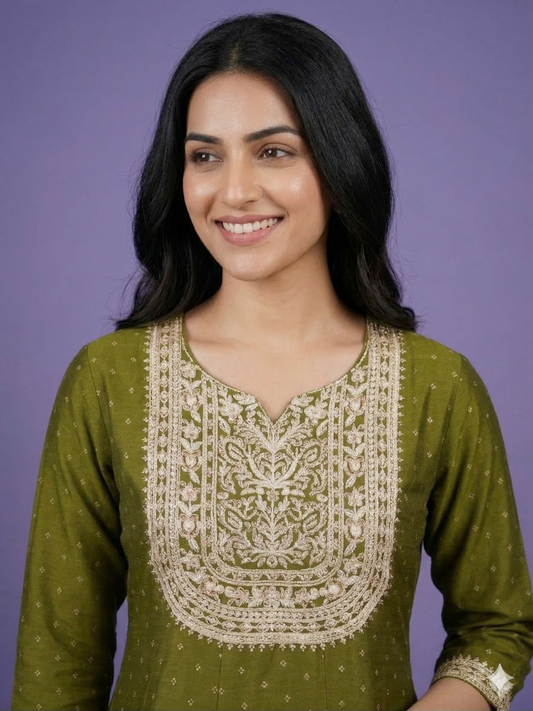 Green Round V Neck Silk Kurta