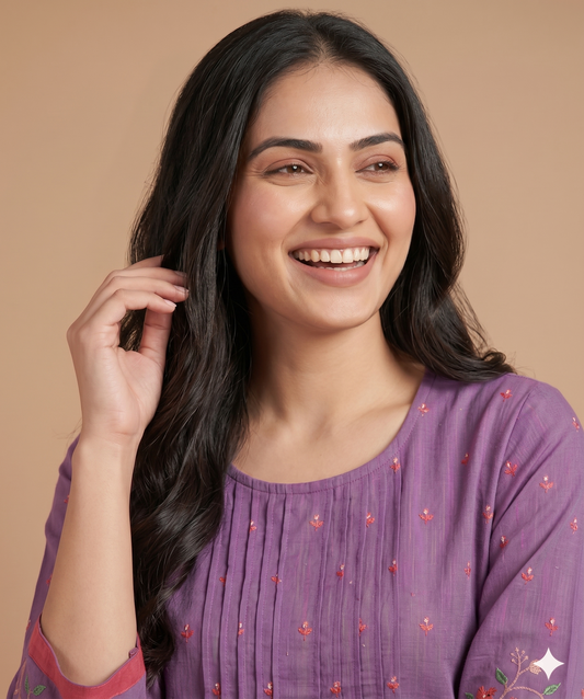 Purple Round Neck Cotton Short Kurta