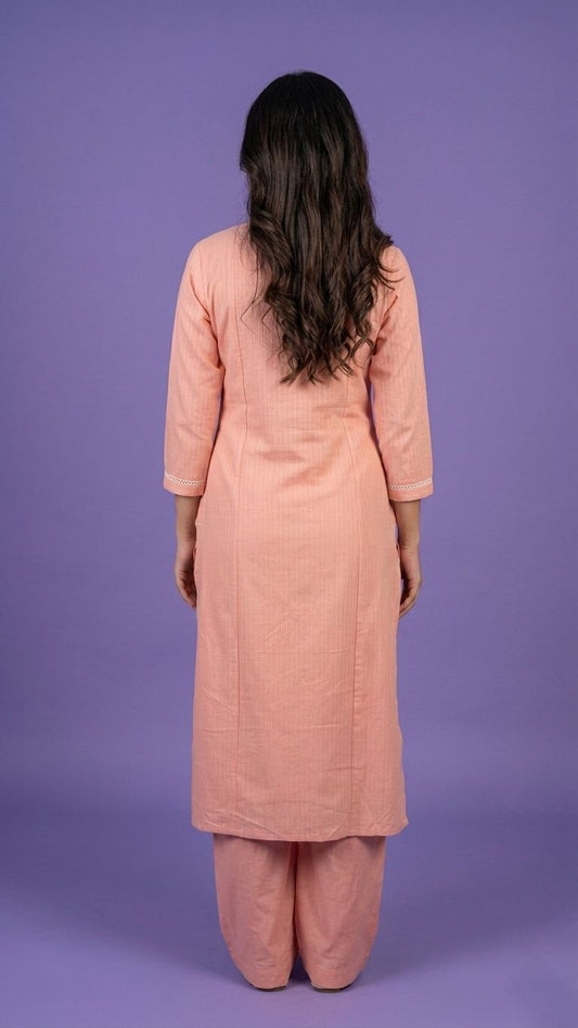 Pink Mandarin Neck Cotton Cord Set