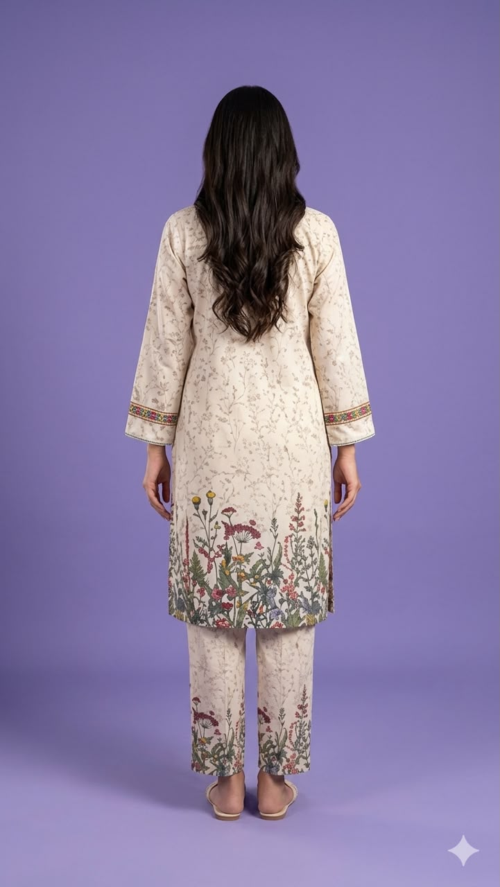 Ivory Round Neck Cotton Kurta Set with Dupatta