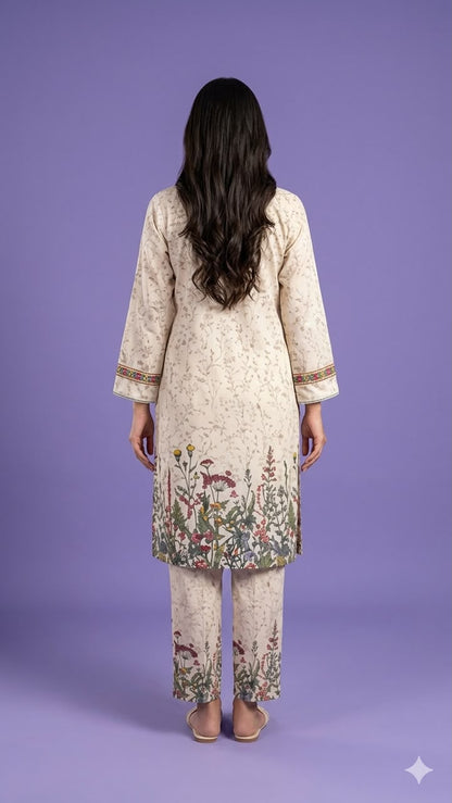 Ivory Round Neck Cotton Kurta Set with Dupatta