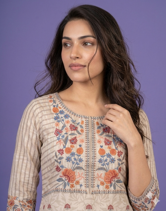 Ivory Round Neck Cotton Short Kurta