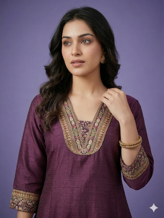 Purple Deep-V Silk Kurta