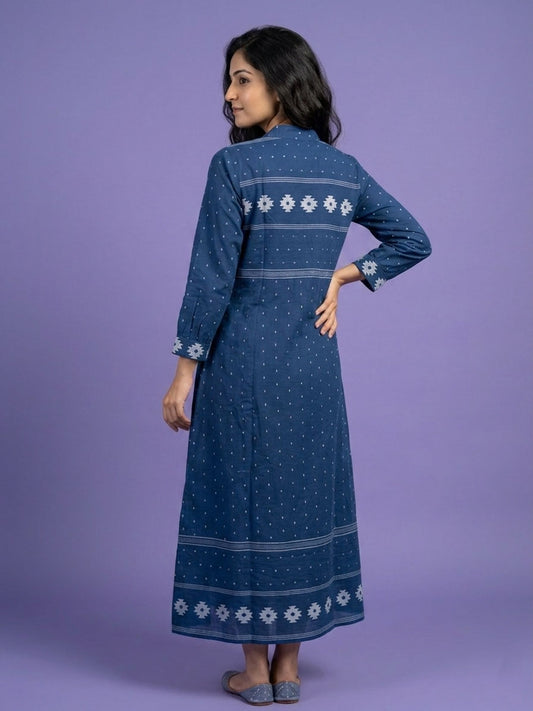 Blue High V Neck Cotton Kurta