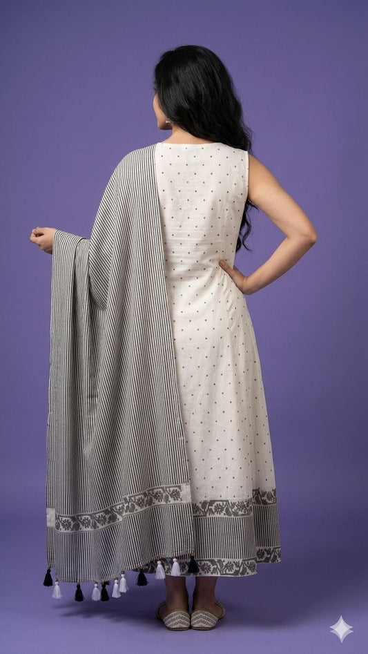 White V Neck Cotton Gown With Striped Dupatta