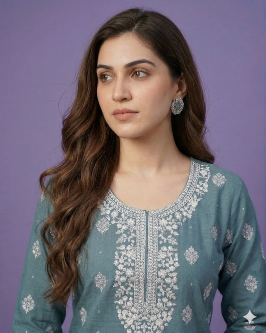 Blue Round Neck Cotton Kurta