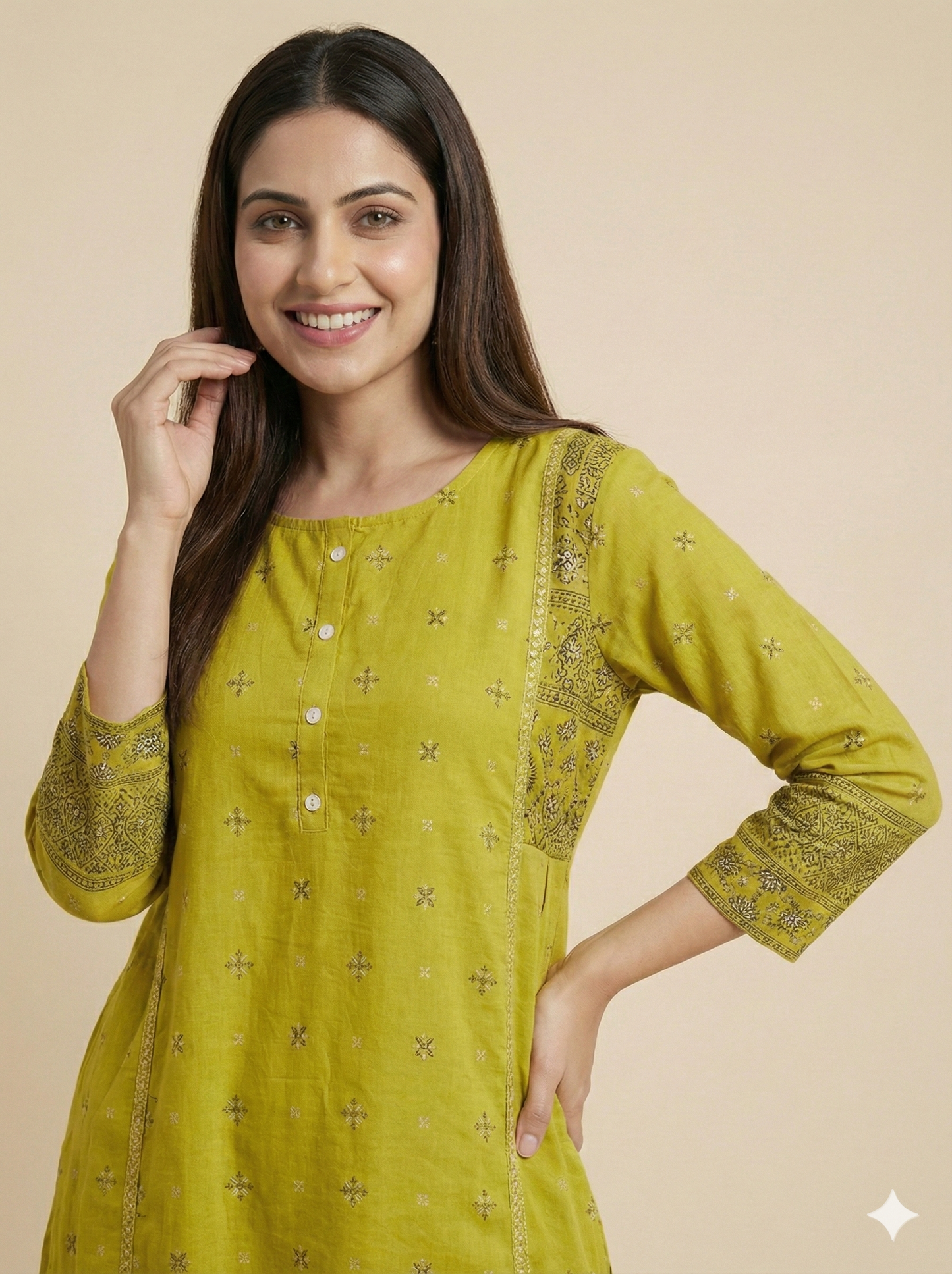 Green Round Neck Cotton Short Kurta