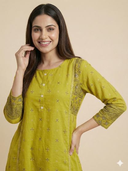 Green Round Neck Cotton Short Kurta