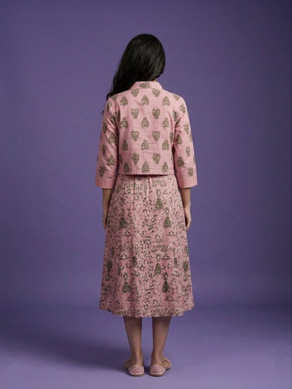 Pink Round Neck Cotton Kurta  With Crop Jacket