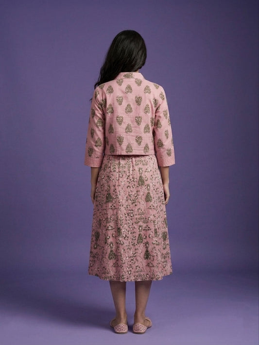 Pink Round Neck Cotton Kurta  With Crop Jacket