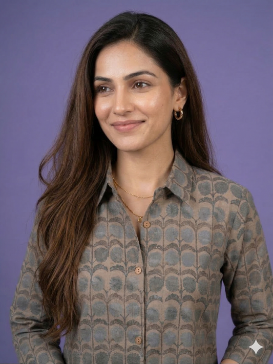 Beige Collard Cotton Kurta