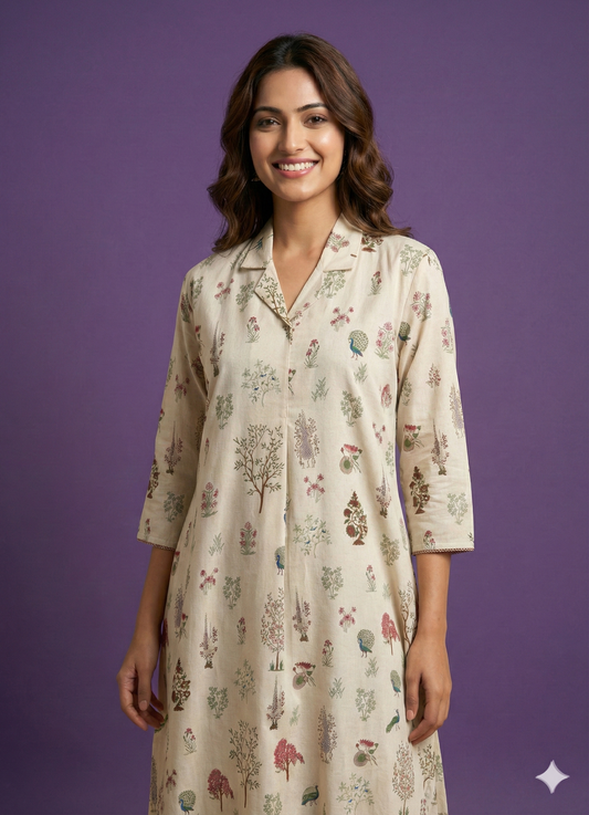 Ivory Collard Cotton Kurta