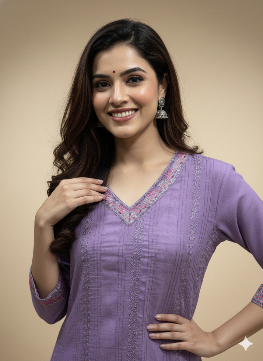 Purple V Neck Cotton Kurta