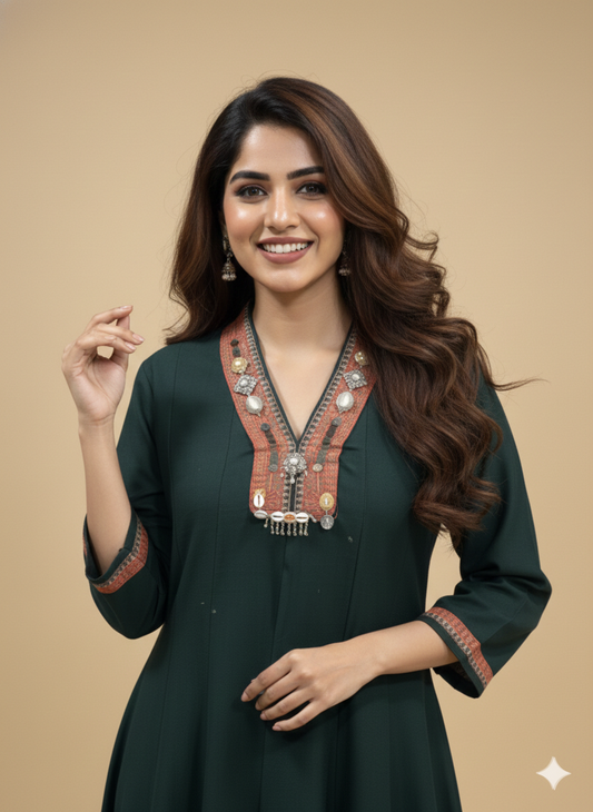 Green V Neck Silk Kurta Set