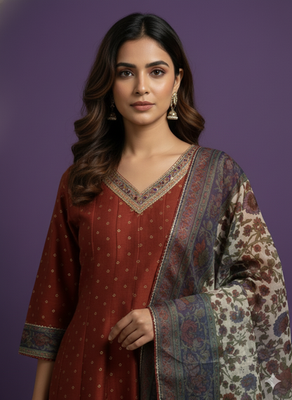 Brown V-Neck Silk Kali Kurta Set with Dupatta