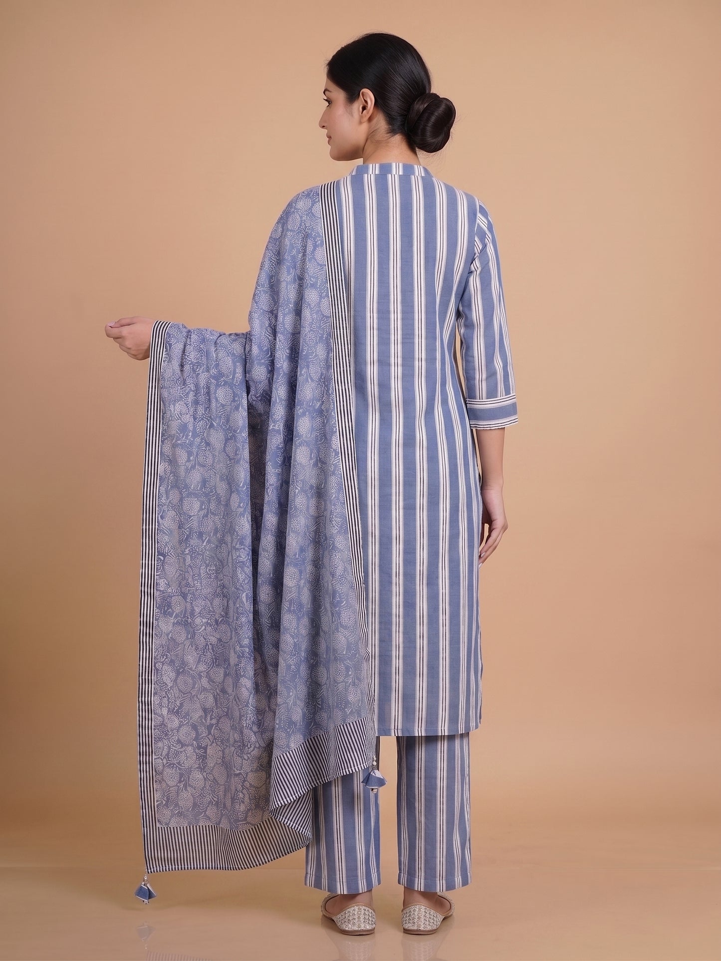 Blue Mandarin Neck Cotton Kurta Set with Dupatta