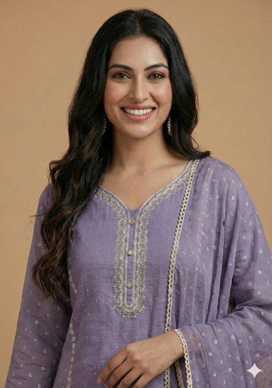 Purple Round V Neck Cotton Kurta
