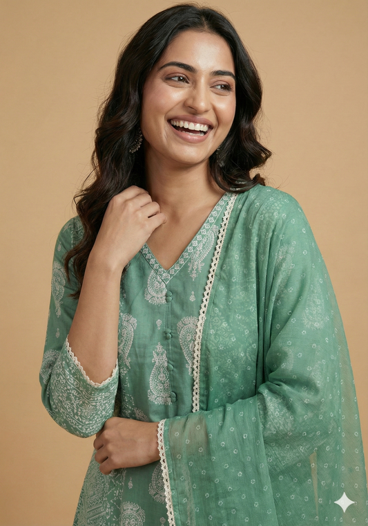 Green V Neck Cotton Kurta