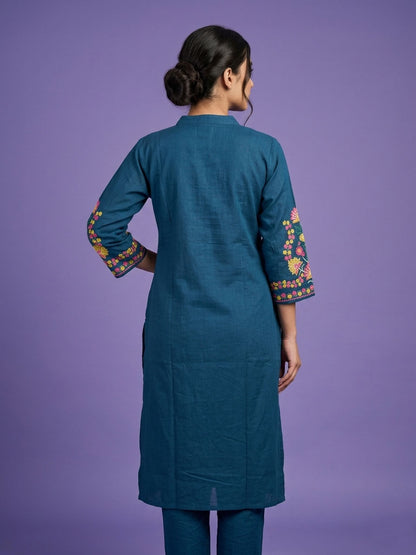 Blue Round V Neck Cotton Linen Kurta Set