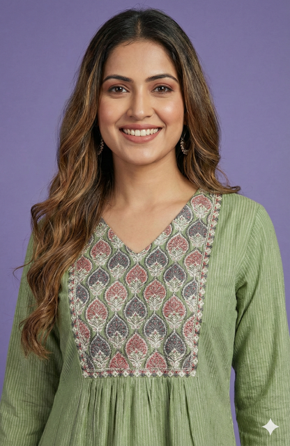 Green V Neck Cotton Kurta