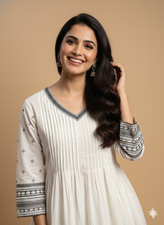 Ivory V neck Cotton Short Kurta