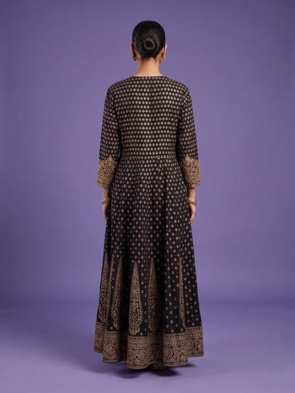Black Round V-Neck Silk Kurta Set with Dupatta