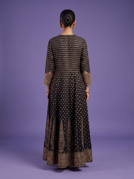 Black Round V-Neck Silk Kurta Set with Dupatta