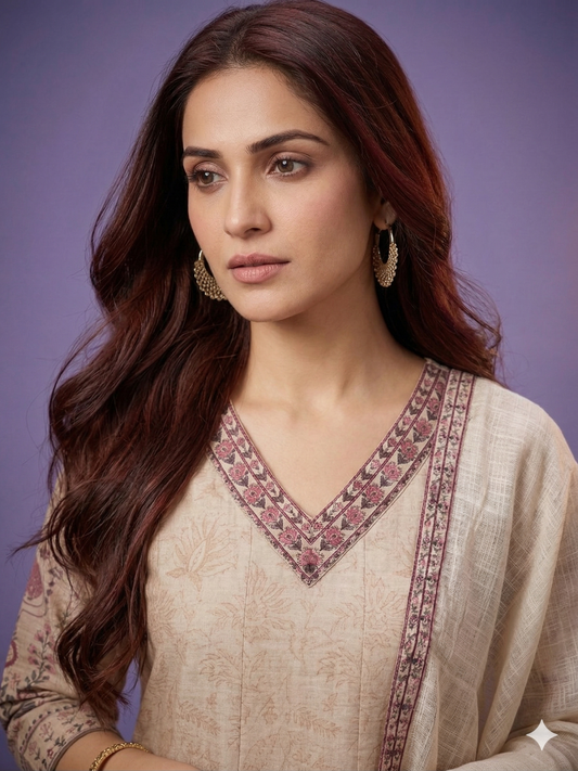 Ivory V Neck Cotton Kurta