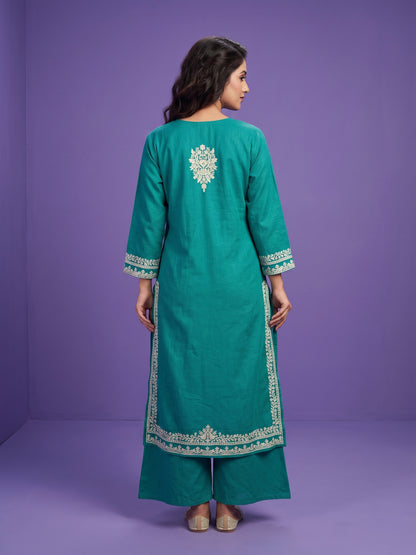 Green V Neck Cotton Kurta Set