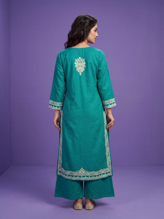 Green V Neck Cotton Kurta Set