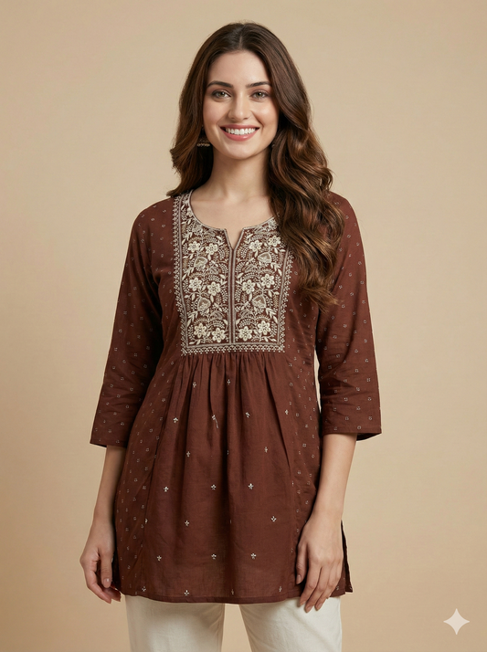 Brown Round V Neck Cotton Short Kurta