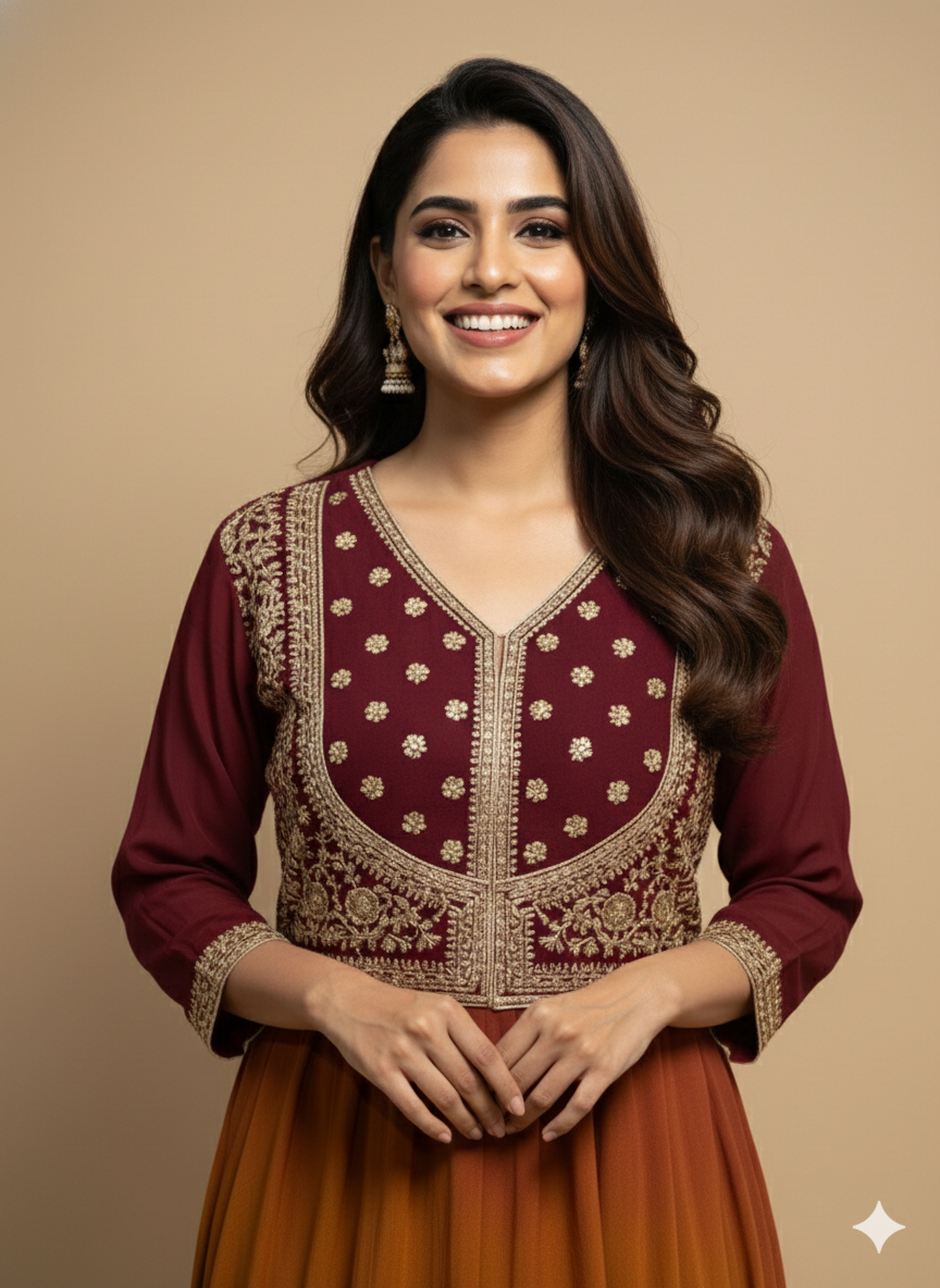 Burgundy V Neck Cotton Kurta Set with Dupatta