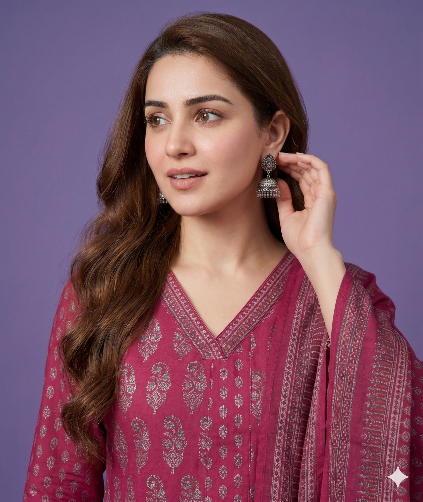 Pink V Neck Cotton Kurta Set with Dupatta