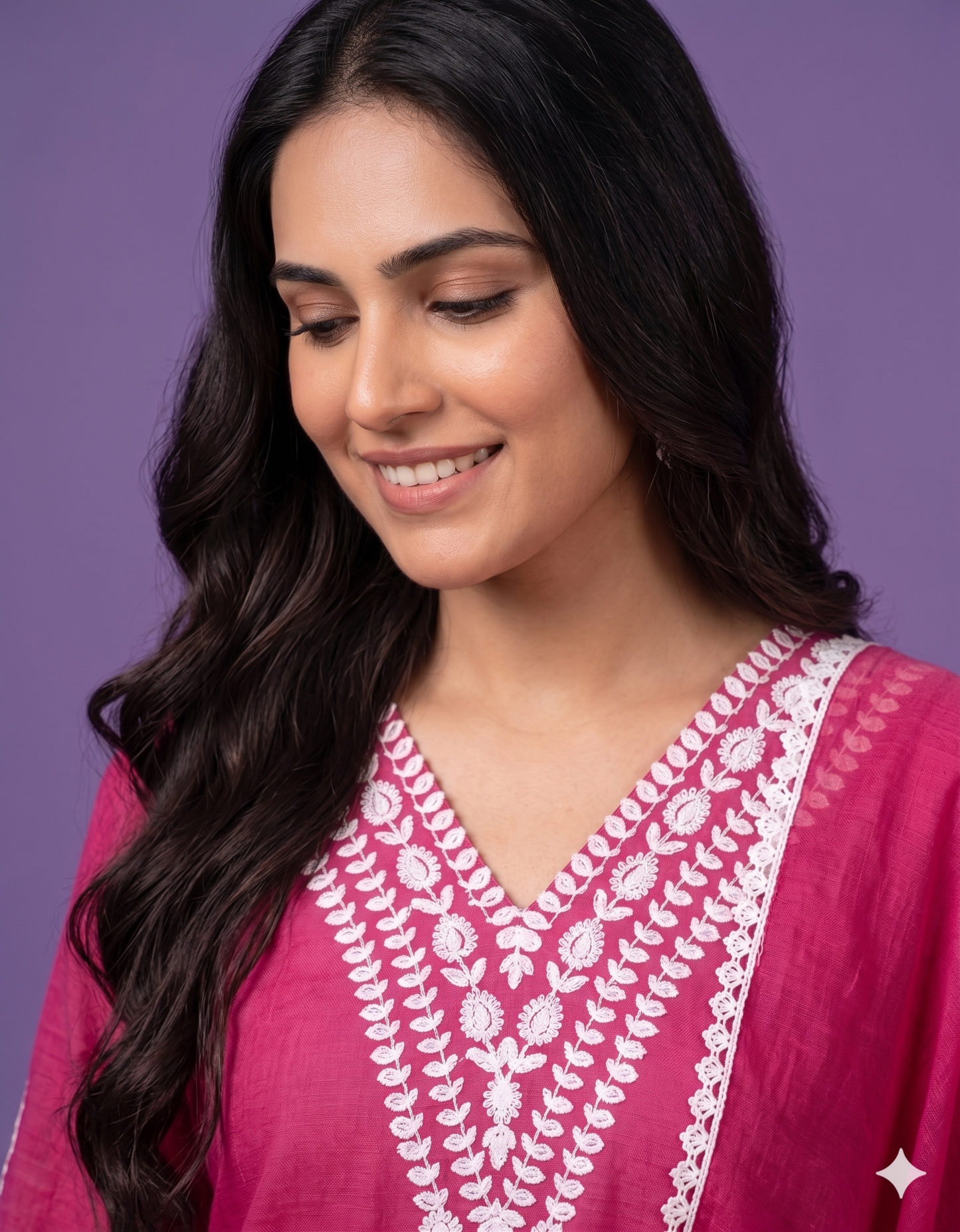 Pink V Neck Cotton Kurta Set with Dupatta